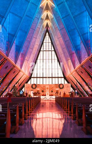 An inside view at the US Air Force Academy Cadet Chapel in Colorado Springs, USA Stock Photo