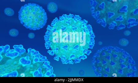 A 3D rendering of the virus particles isolated on a blue background