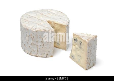 Whole French Bleu de Bresse cheese and a wedge isolated on white background close up Stock Photo