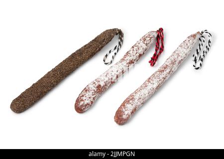 Variation of three traditional Catalan sausage, called fuet isolated on white background Stock Photo