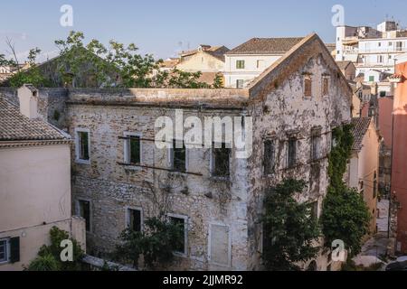 Ruined building in Tenedos area of Old Town of Corfu town on a Greek island of Corfu Stock Photo