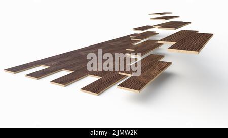 A 3D rendering of wood flooring installation fixing parquets on floor isolated on a white background Stock Photo