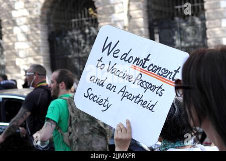 London, UK - April 24, 2021: 'Unite for Freedom' protest by covid-19 sceptics, demonstrators opposing lockdown, vaccination, mask-wearing Stock Photo