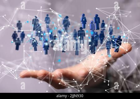 3D rendered people icons hovering over a person's hand Stock Photo - Alamy