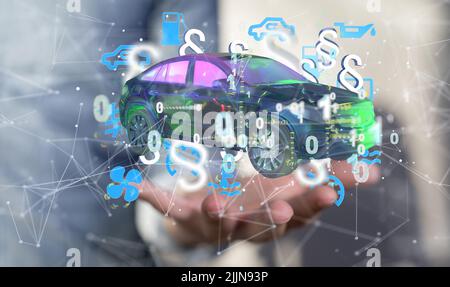 A 3d rendering of a car insurance concept in law paragraph symbols and a binary scheme in a hand Stock Photo