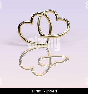 Two Interlocking Gold Heart Rings 3D Render, on an Iridescent background Stock Photo