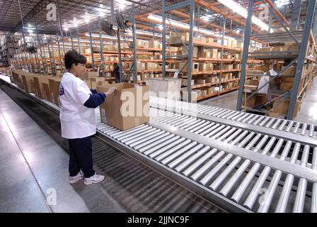 A warehouse worker handling packages on a conveyor belt line in Saint Louis, Missouri USA. Stock Photo