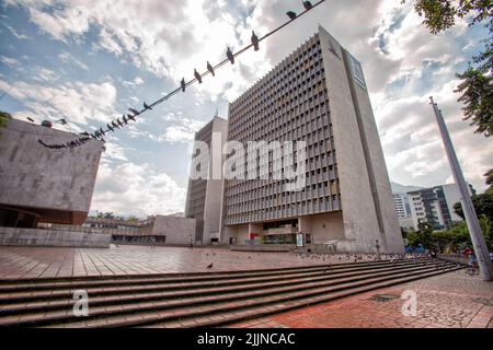 The Plaza de Alcadia with pigeons on a wire in Cali, Colombia Stock Photo