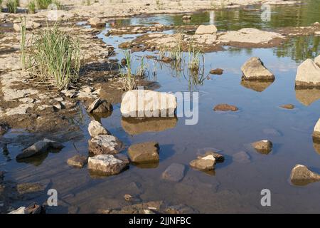 Exposed parched riverbed of the Elbe River in Magdeburg, Germany during severe drought in summer Stock Photo