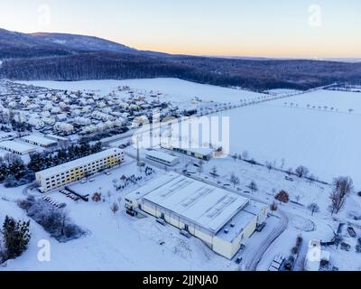 An aerial shot of the Harzlandhalle in Ilsenburg, Harz, Saxony-Anhalt, Germany Stock Photo