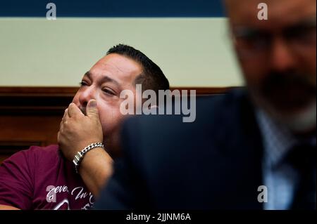 Javier Cazares, whose nine year-old daughter Jacklyn was one of the children killed by a gunman at Robb Elementary School in Uvalde, Texas, listens to the witnesses during a House Committee on Oversight and Reform hearing “Examining the Practices and Profits of Gun Manufacturers” in the Rayburn House Office Building in Washington, DC, July 27, 2022. Credit: Rod Lamkey/CNP /MediaPunch Stock Photo