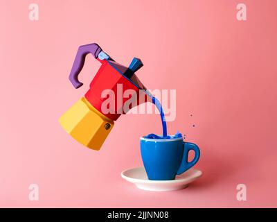 Blue liquid being poured into a cup from a multi coloured moka pot Stock Photo