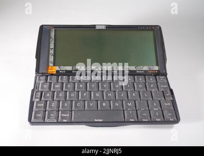 A closeup shot of the Psion Series 5, Palmtop computer isolated on a white background Stock Photo