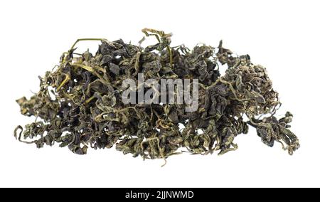 Dry gynostemma pentaphyllum leaf isolated on white blackground. Jiaogulan or Miracle grass. Chinese herbal tea. Stock Photo