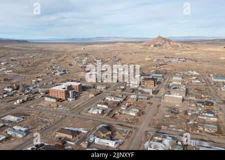 A drone photograph overlooking the historic mining town of Goldfield, Nevada. Stock Photo