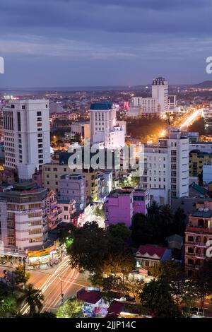 Hue, Vietnam - December 14, 2012: High angle view of the downtown skyline of Hue, Thua Thien – Hue province, Vietnam at dusk. Stock Photo