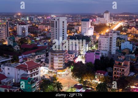 Hue, Vietnam - December 14, 2012: High angle view of the downtown skyline of Hue, Thua Thien – Hue province, Vietnam at dusk. Stock Photo