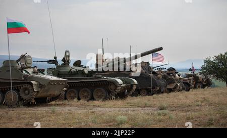 U.S. Soldiers assigned to Bravo Company, 1st Battalion, 8th Infantry Regiment, 3rd Armored Brigade Combat Team, 4th Infantry Division; and 2nd Battalion, 4th Security Force Assistance Brigade align their respective vehicles alongside Bulgarian soldiers assigned to 42nd Mechanized Battalion, 2nd Mechanized Brigade; and British soldiers assigned to Charlie Company, 1st Battalion, 1st Royal Irish Regiment  for the opening ceremony of Exercise Platinum Lion ‘22 at Novo Selo Training Area, Bulgaria, July 25, 2022. Exercise Platinum Lion is a battalion-level event designed to provide quality, organi Stock Photo