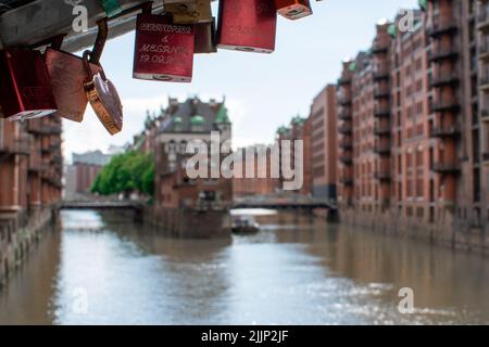 Colourful Love locks on a bridge in Hamburg, Germany Stock Photo