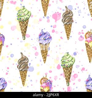 Waffle cones with ice cream with splashes of paint on a dark background ...