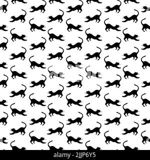 Black silhouettes of cats, hand-drawn, on a white background. Seamless pattern from a large set of PARIS. For fabric, textiles, packaging paper Stock Photo