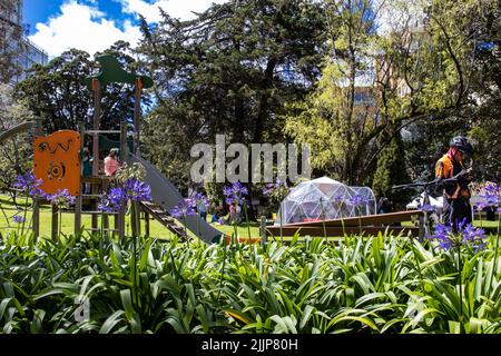 BOGOTA, COLOMBIA - NOVEMBER, 2020:  Sunny day at the beautiful gardens of the Chico Park and Museum Stock Photo