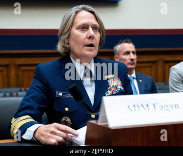 Washington, United States. 27th July, 2022. Linda Fagan, Commandant, United States Coast Guard, speaks at a hearing of the House Committee on Transportation and Infrastructure Subcommittee on Coast Guard and Maritime Transportation. Credit: SOPA Images Limited/Alamy Live News Stock Photo