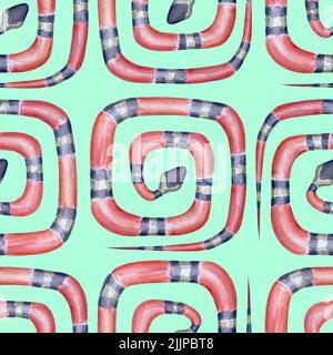 Coral snakes geometric seamless pattern. Red black milky white reptile ornament on mint green background. Snake fashionable texture. Animal print for