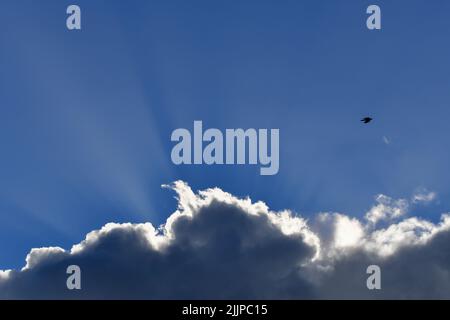A beautiful view of sun rays shining through the clouds in the blue sky Stock Photo