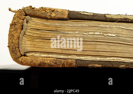 A closeup of a vintage book bound in genuine leather Stock Photo