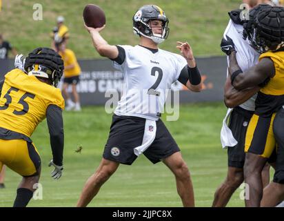 Latrobe, United States. 27th July, 2022. Pittsburgh Steelers quarterback Mason Rudolph (2) throws during the first day of practice at training camp at Saint Vincent College in Latrobe Pennsylvania on Wednesday, July 27, 2022 Photo by Archie Carpenter/UPI Credit: UPI/Alamy Live News Stock Photo