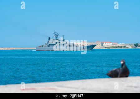 RUSSIA, CRIMEA - JUL 08, 2022: Russian military sevastopol navy russia group day sky sailing battleship, for water crimea in marine for naval coast Stock Photo