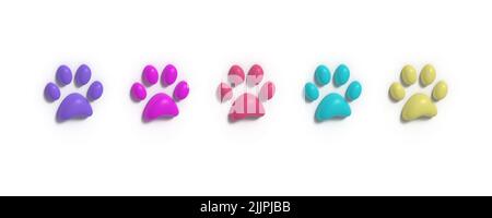 colourful 3D Paw prints across banner heading, dog, cat, footprints, 3D illustration Stock Photo