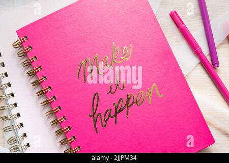 Two pink notebooks lying on the table with, pink, office supplies, make Stock Photo
