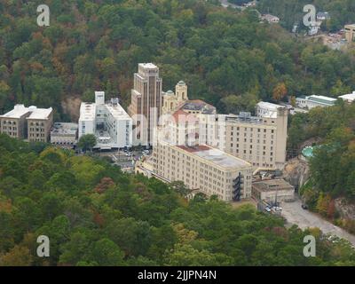 An aerial cityscape of Arkansas surrounded by buildings and trees Stock Photo