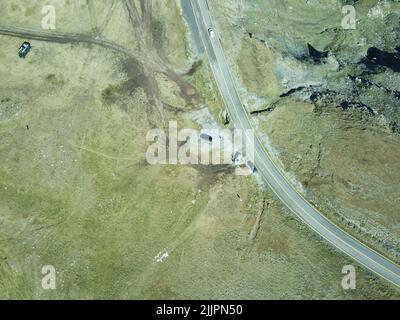 An aerial view of the Transalpina mountain road in summer Stock Photo