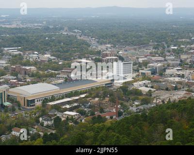 An aerial cityscape of Arkansas surrounded by buildings and trees Stock Photo