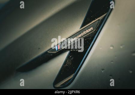 A closeup of the BMW M5 Carbon Competition Badge Stock Photo