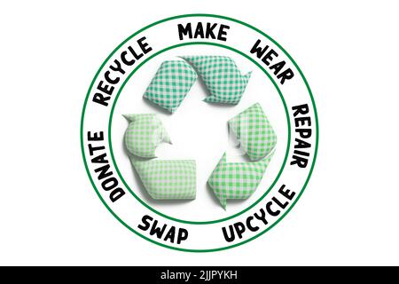 Circular Fashion, make, wear, repair, upcycle, swap, donate, recycle with fabric recycle icon sustainable fashion concept Stock Photo