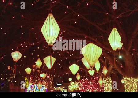 The multi-colored Chinese themed christmas lights hanging from trees Stock Photo