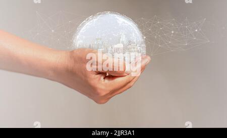 Abstract Man Hand Holding Globe Building Virtual Tall Building Big Data Technology Implementation Concept Internet World Network Vintage Background Wi Stock Photo