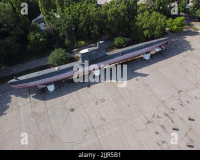 Odessa, Ukraine. 22nd June, 2021. (EDITORS NOTE: Image taken with drone)General view of the M-296 submarine of the Malyutka series. The memorial of the heroic defense of Odessa of the 411th coastal battery is a memorial complex dedicated to the heroic defense of Odessa during the Great Patriotic War. The memorial complex includes a museum, an open-air exhibition of military equipment, a coastal defense battery, and a large park planted with oaks. (Photo by Viacheslav Onyshchenko/SOPA Images/Sipa USA) Credit: Sipa USA/Alamy Live News Stock Photo