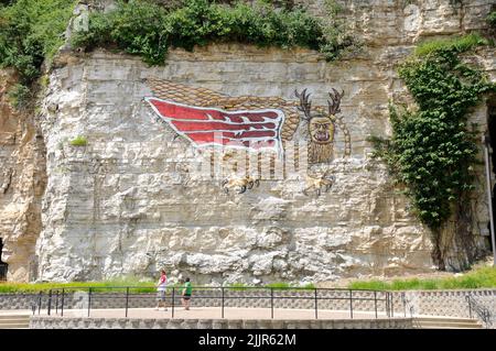 A painting of the Piasa bird on the cliffs overlooking the Mississippi River in Alton, Illinois Stock Photo