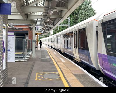 Burnham, Slough, Berkshire, UK. 26th July, 2022. An Elizabeth Line train at Burnham Station. Further national rail strikes are planned for 27th July 2022 and 13th August 2022. Credit: Maureen McLean/Alamy Stock Photo