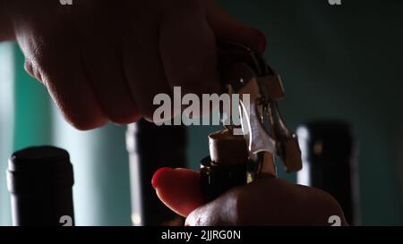 Female hands opening bottle of wine with bottle-screw Stock Photo
