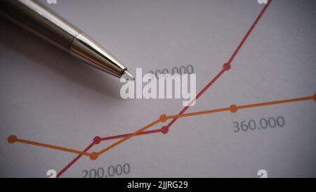 Silver pen on documents with colourful graphs with intersecting lines Stock Photo