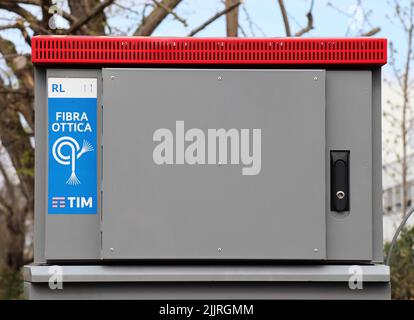 Italian TIM fiber optic cable cabinet. Internet fiber optic connection. Stock Photo