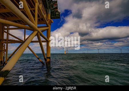 RWE's Gwynt y Mor, the world's 2nd largest offshore wind farm located eight miles offshore in Liverpool Bay, off the coast of North Wales. Picture date: Tuesday July 26, 2022. Stock Photo
