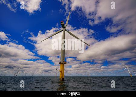 RWE's Gwynt y Mor, the world's 2nd largest offshore wind farm located eight miles offshore in Liverpool Bay, off the coast of North Wales. Picture date: Tuesday July 26, 2022. Stock Photo