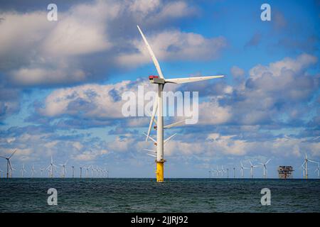 RWE's Gwynt y Mor, the world's 2nd largest offshore wind farm located eight miles offshore in Liverpool Bay, off the coast of North Wales. Picture date: Tuesday July 26, 2022. Stock Photo